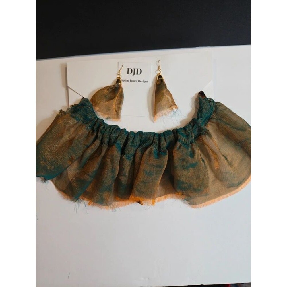 Handmade Chindi Fabric Collar Necklace & Earring Set | Gold Findings